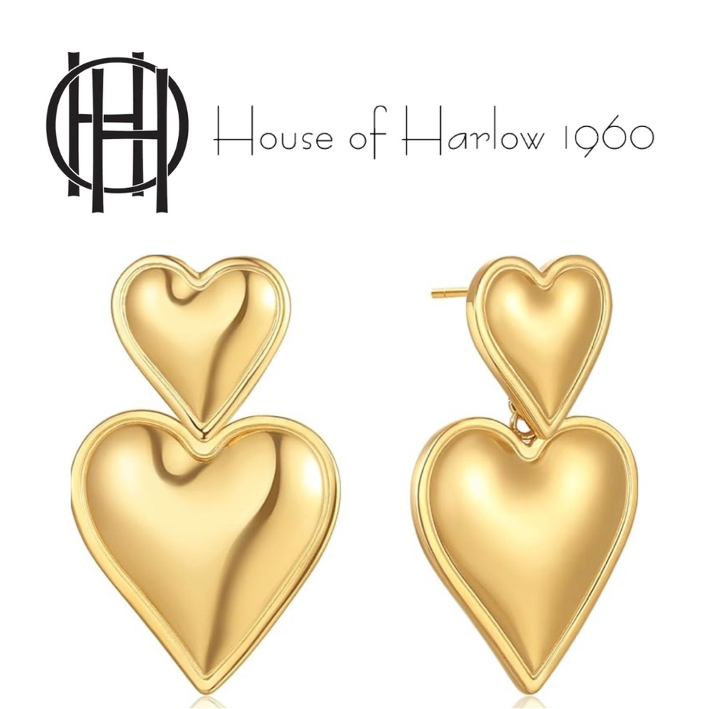 NEW House Of Harlow 1960 Gold Plated Double Heart Drop Earrings
